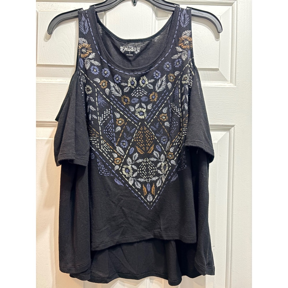 Mudd Womens Black Cold Shoulder Embroidered Floral Boho‎ Top Size Large NWT
